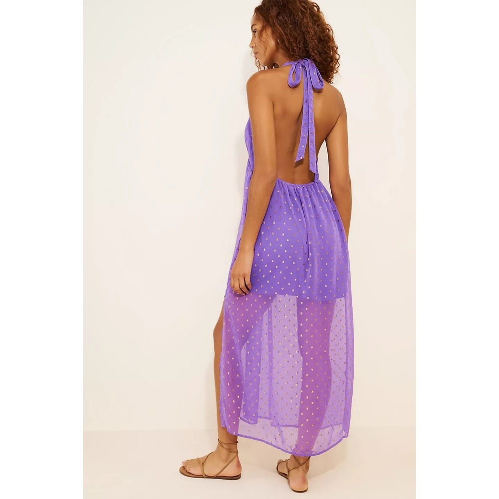*Flaw NWT Anthropologie Celandine Beach Disco Plunging Maxi Dress Purple Gold S - Picture 9 of 16